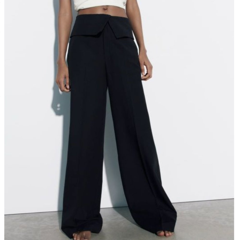 ZARA HIGH RISE FOLD DOWN WAISTBAND BLACK LONG LINEN BLEND PANT TROUSERS - Picture 1 of 8